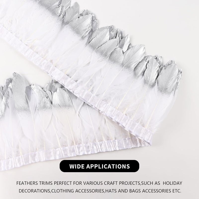 MAOFENG 2 Yards Natural Goose Feathers Trim Sewing Fringe Fashion Dress Sewing 6-8inch for DIY Handicrafts Costumes Decoration,White Silver - Image 4